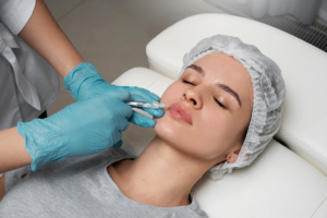 Woman receiving facial treatment with a syringe, wearing a hairnet and lying on a treatment bed, highlighting non-surgical rehabilitation services.